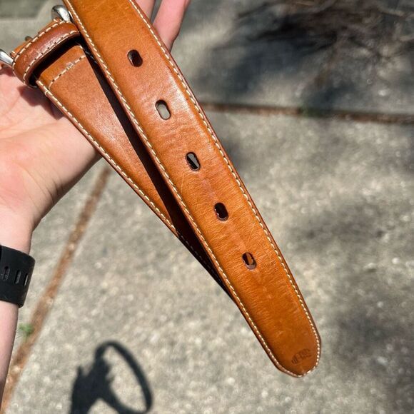 Timberland Tan Leather Belt Sz 34/85 Logo Buckle Contrast Stitching Unisex - Picture 4 of 9